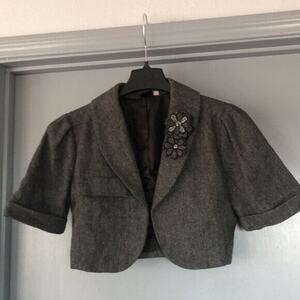 OXMO Wool Blend cropped Lined Jacket Bolero Grey Women's Large Short Sleeves L